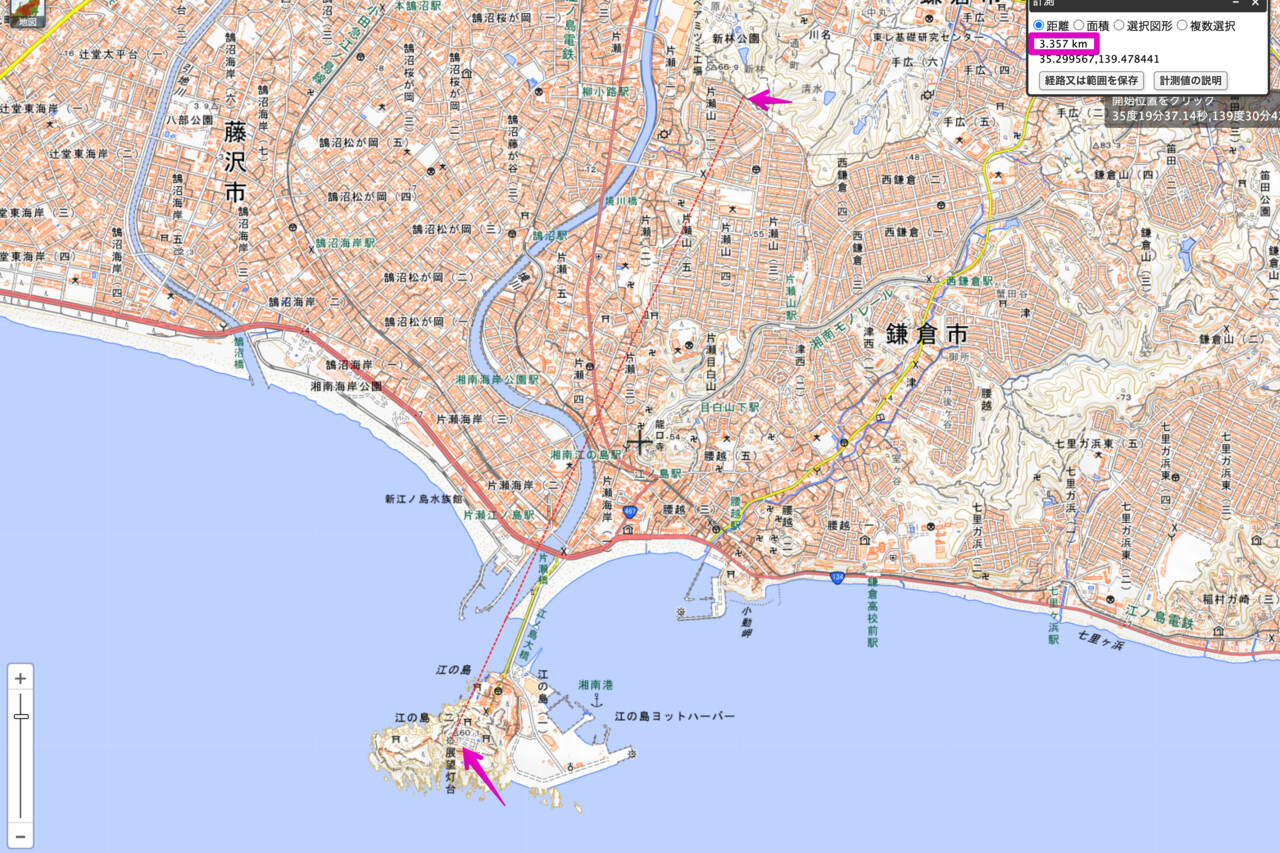 新林公園の見晴台あたりから江ノ島シーキャンドルまでは、3.3kmらしい（出典：国土地理院電子国土WEBより）<br><br>